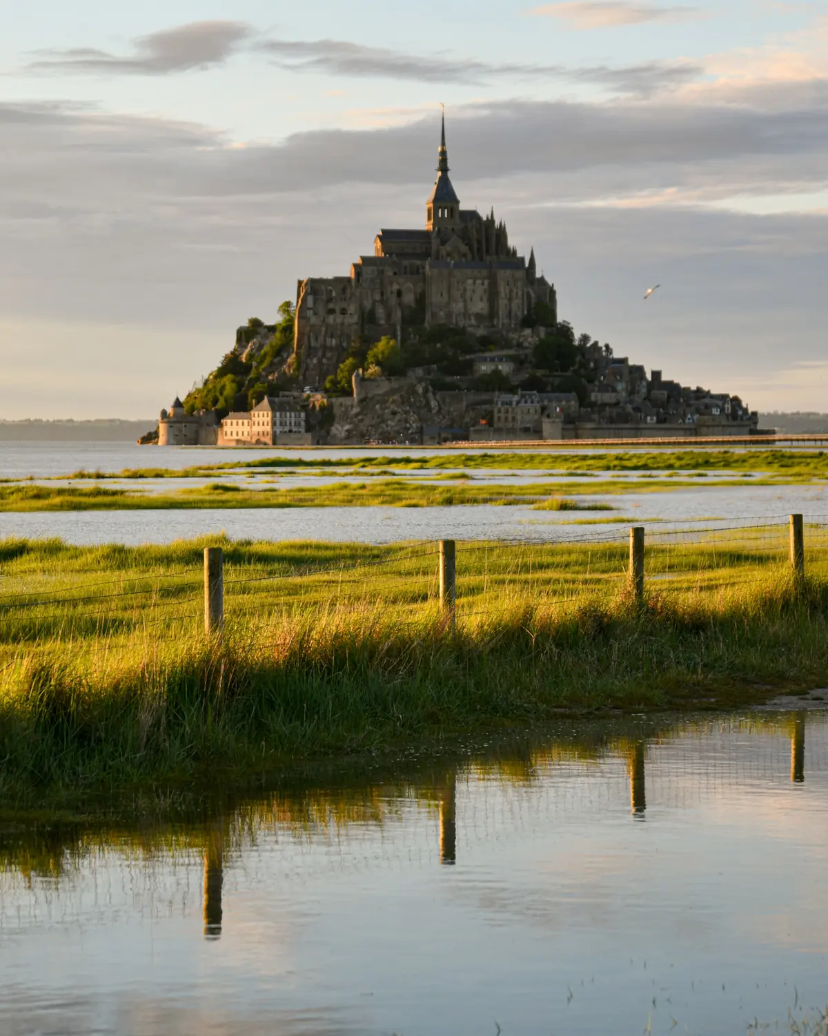 Mont-Saint-Michel at high tide, water spreading over the salt meadows in low golden light